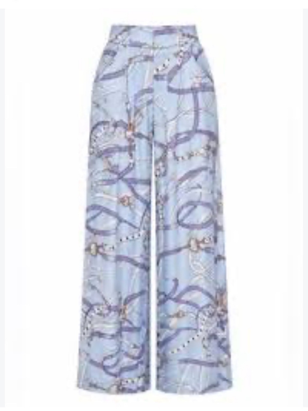 Light Blue Satin Printed Wide-Leg Pants
